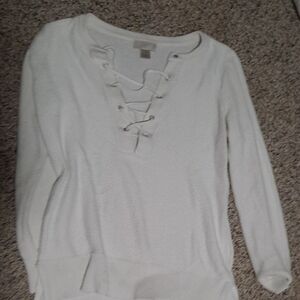 LOFT Cream Lace-Up Knit Top